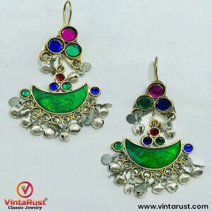 Multicolor Glass Stones Silver Earrings, AfghanTraditional Earrings,Light Weight